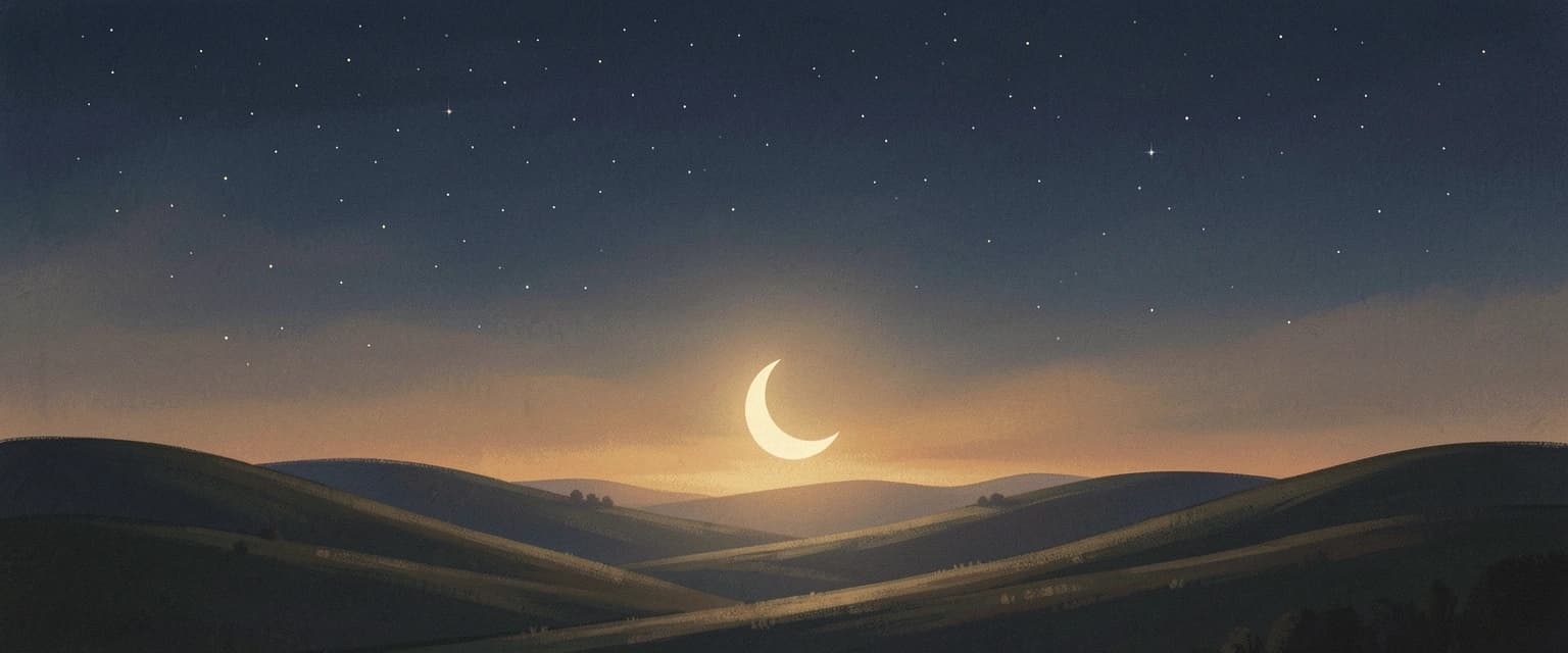 Sorat sleep sounds app — serene night sky with crescent moon over rolling hills